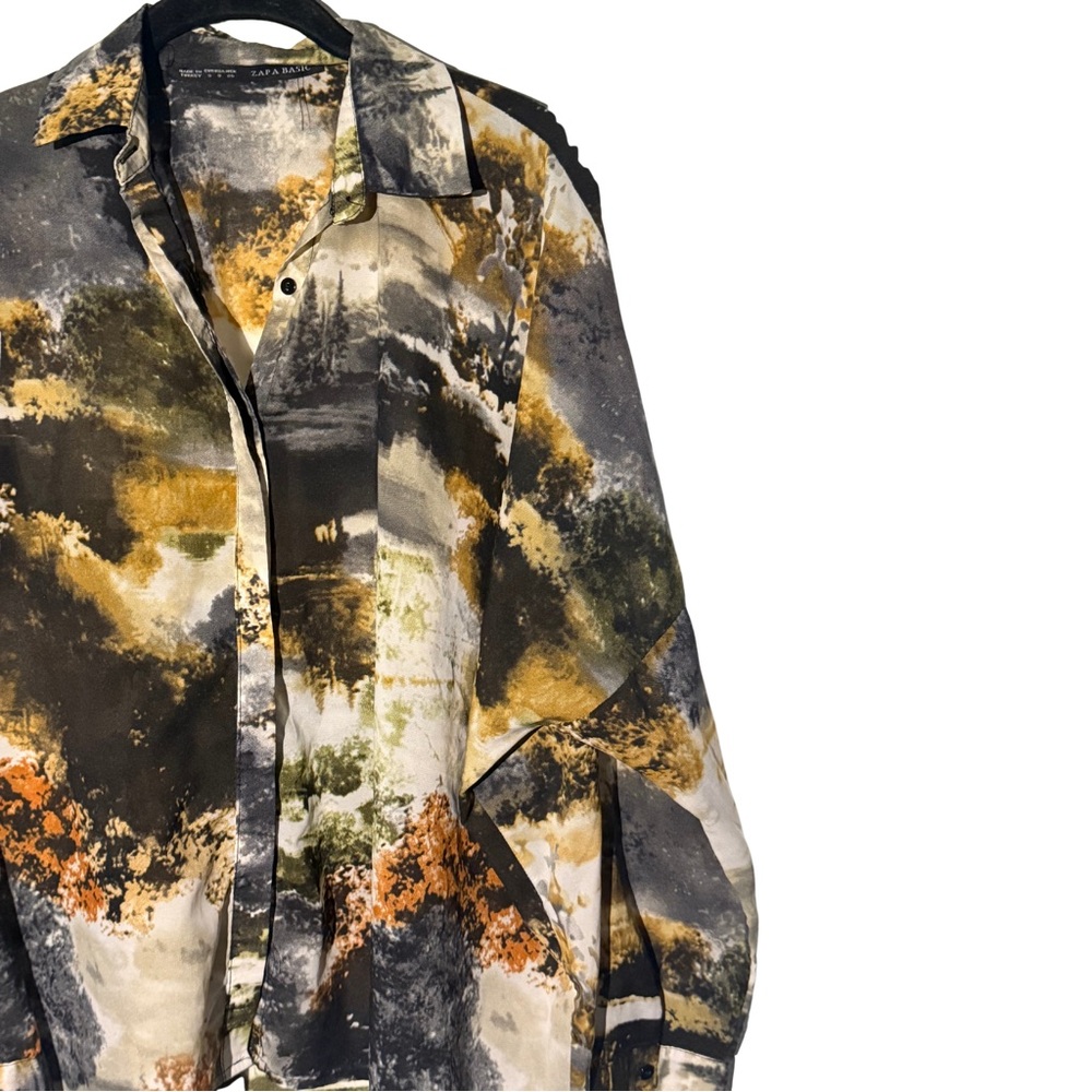 Zara Basic Earthy Forest Print Button Up Top Size… - image 3